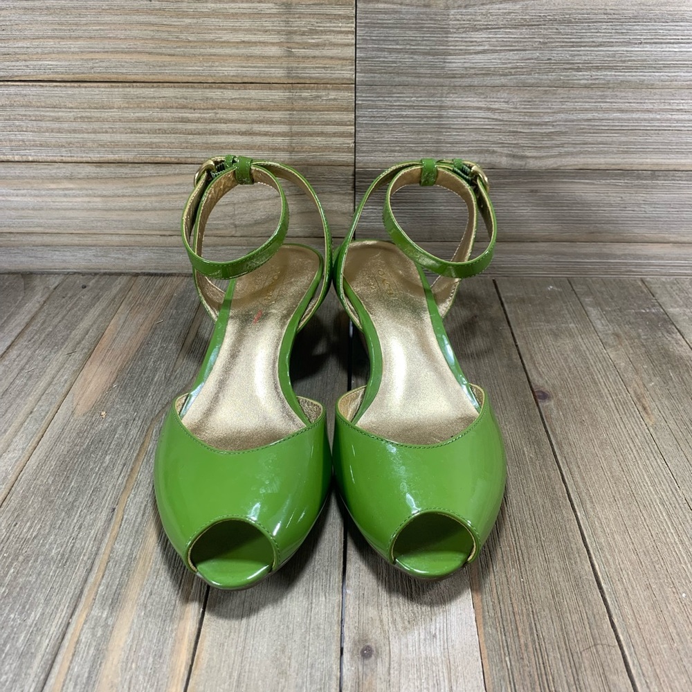 COACH Mackenzie Peep-Toe Wedges Green Gold Womens Size 6B Shoes - Picture 3 of 9